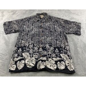 Boca Classics Mens Large 100% Silk Black Cream Tropical Geometric Aloha Shirt